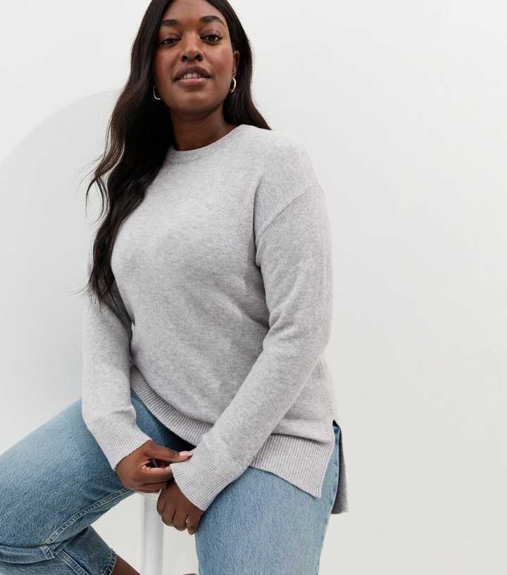Curves Light Grey Crew Neck Split Hem Jumper