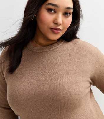 Curves Brown Crew Neck Split Hem Jumper