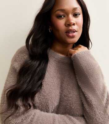 Curves Dark Mink Fluffy Crew Neck Jumper
