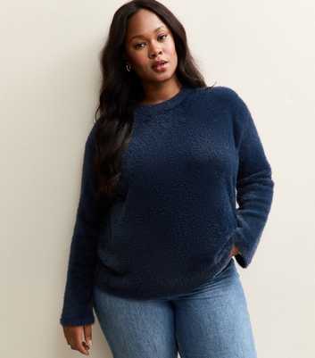 Curves Teal Fluffy Crew Neck Jumper