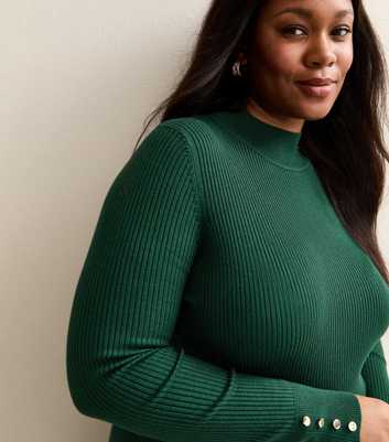Curves Dark Green Ribbed Button Detail Top