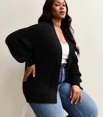 Curves Black Ribbed Knit Balloon Sleeve Cardigan