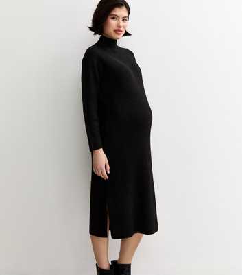 Maternity Black Rib High Neck Midi Dress
