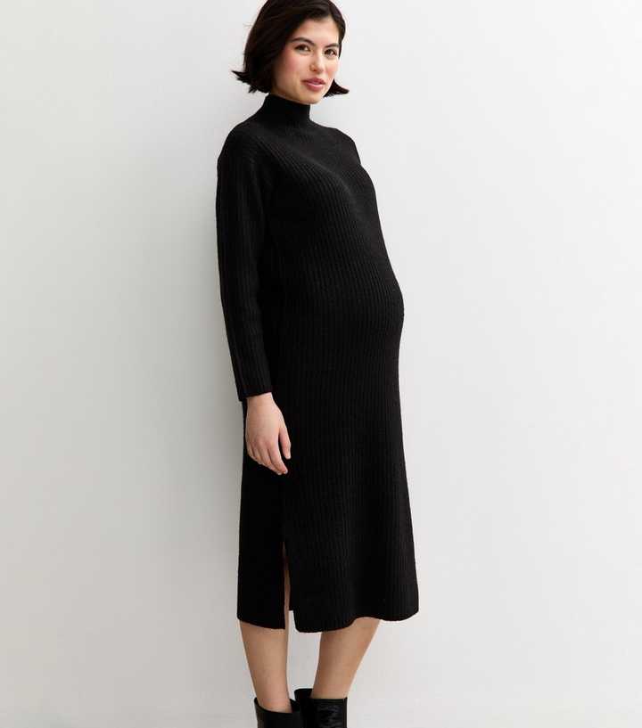 Maternity Black Rib High Neck Midi Dress