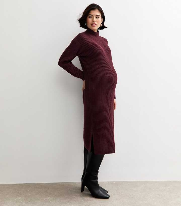 Maternity Dark Burgundy Rib High Neck Midi Dress
