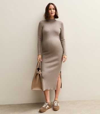 Maternity Mink High Neck Side Slit Ribbed Jersey Midi Dress