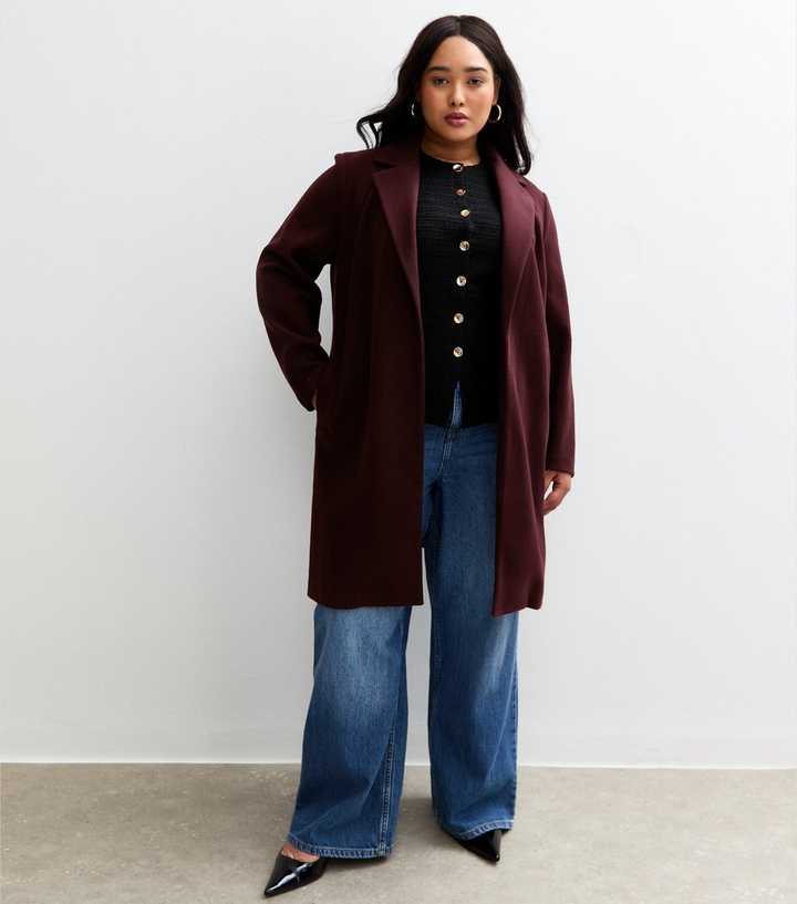 Curves Dark Burgundy Unlined Open Front Formal Coat