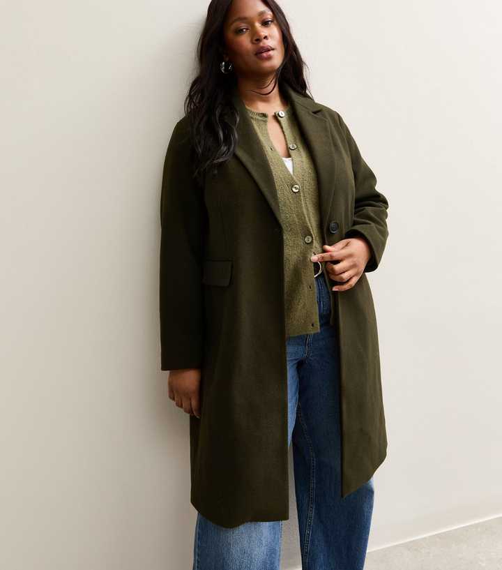 Curves Dark Khaki Buttoned Lined Coat