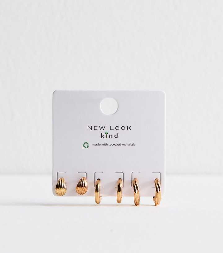 Gold Tone Pack of 3 Ribbed Hoop Earrings