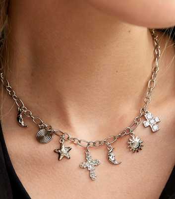 Silver Tone Multi Charm Oval Chain Choker Necklace