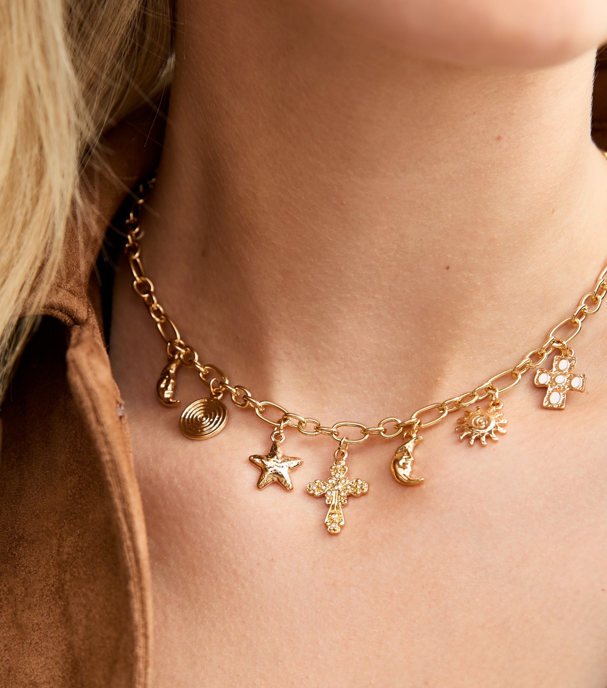 Gold Tone Multi Charm Oval Chain Choker Necklace New Look
