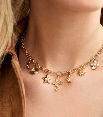 Gold Tone Multi Charm Oval Chain Choker Necklace