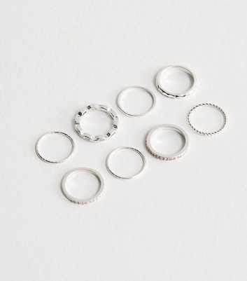 Pack of 8 Silver Tone Diamante Embellished Rings