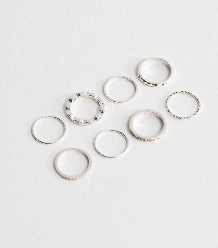 Pack of 8 Silver Tone Diamante Embellished Rings