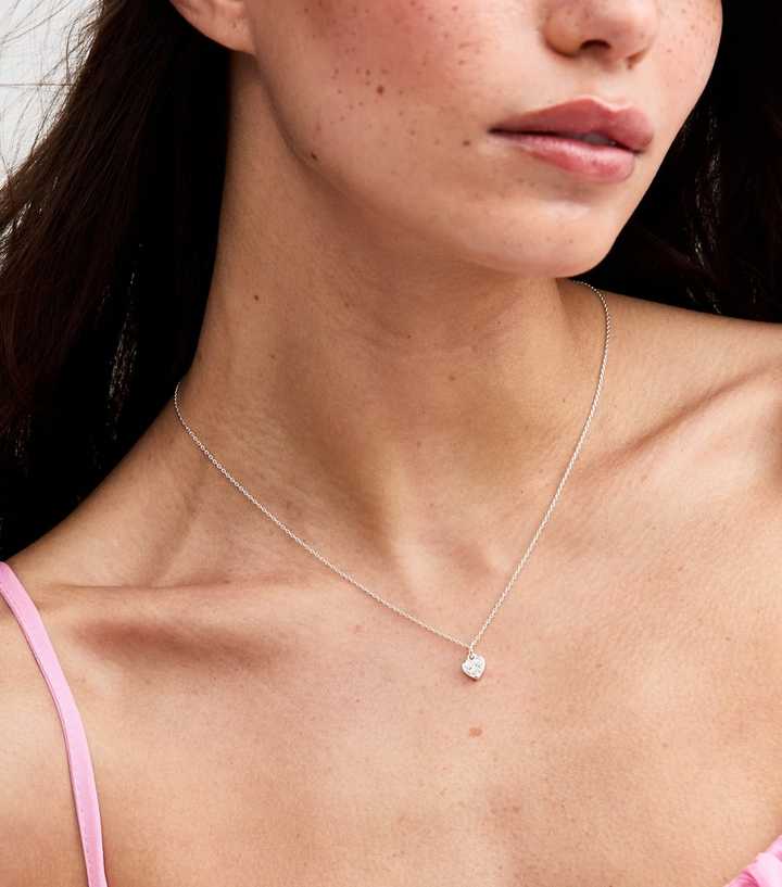 Silver Tone Cubic Zirconia Heart Pendant Necklace