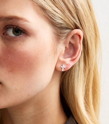 Cross Pierced【Casual】（Silver） Silver Tone Cubic Zirconia Cross Earrings | New Look