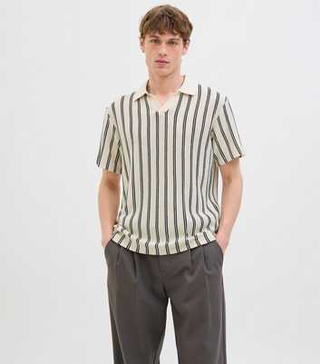 Jack & Jones Off White Short Sleeve Striped Knitted Polo Shirt