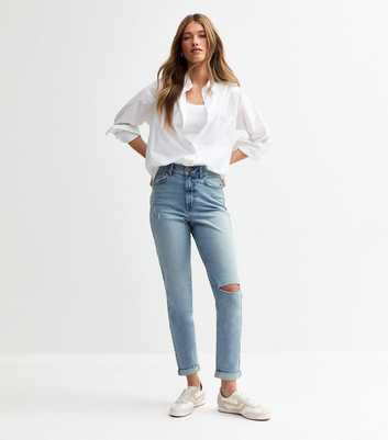 Blue Tori Ripped Knee Tapered Leg Mom Jeans