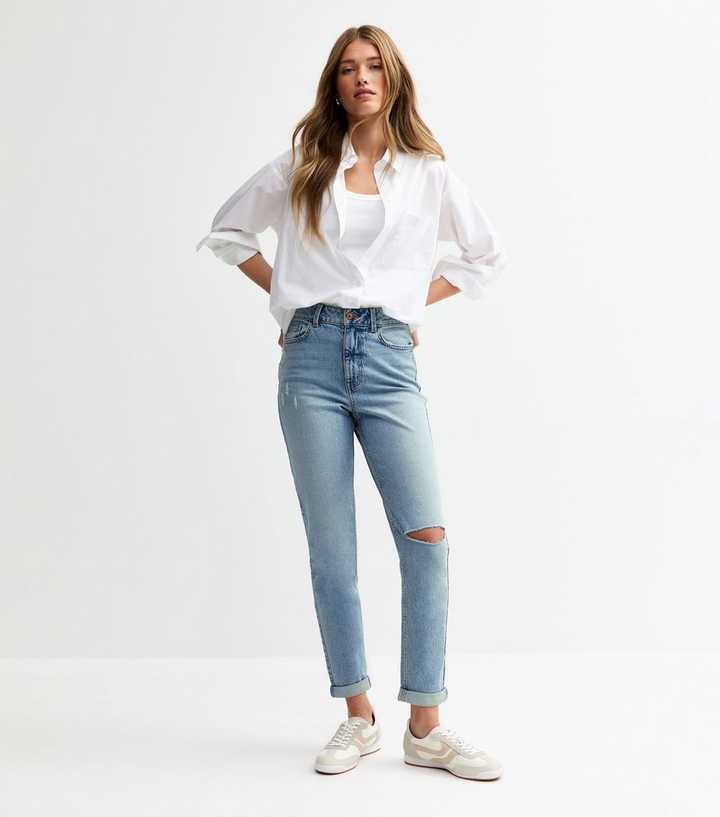 Blue Tori Ripped Knee Tapered Leg Mom Jeans