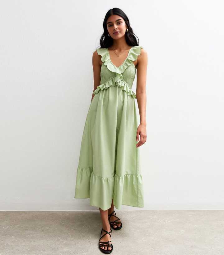 Light Green Ruffle Trim Tiered Hem Midi Dress