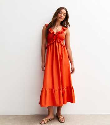Orange Ruffle Trim Tiered Hem Midi Dress