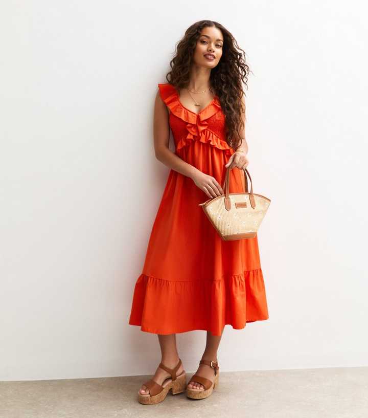 Petite Orange Shirred Ruffled Tie Back Midi Dress