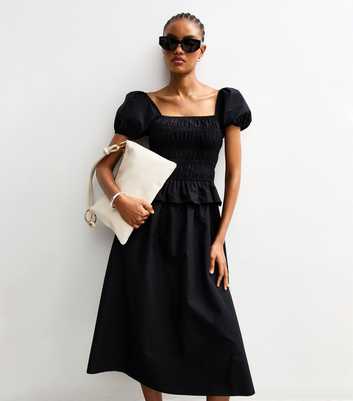 Tall Black Shirred Puff Sleeve Midi Dress