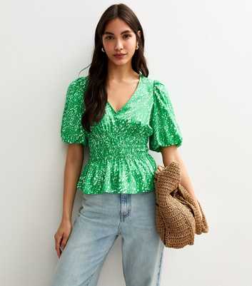 Green Abstract Print Textured Crepe Smocked Waist Top