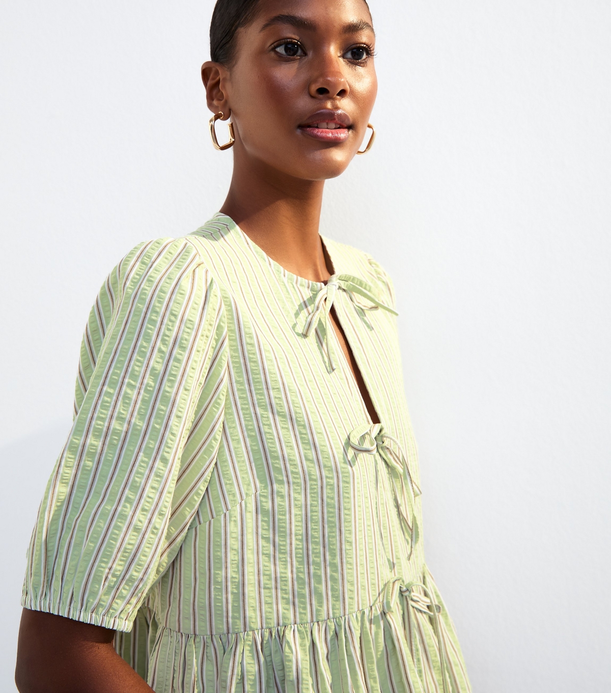 Women's Green Striped Tie Front Peplum Shirt New Look