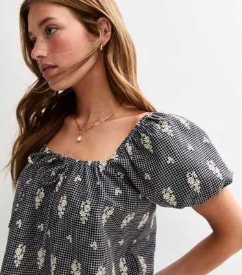 Black Gingham Floral Embroidered Milkmaid Top