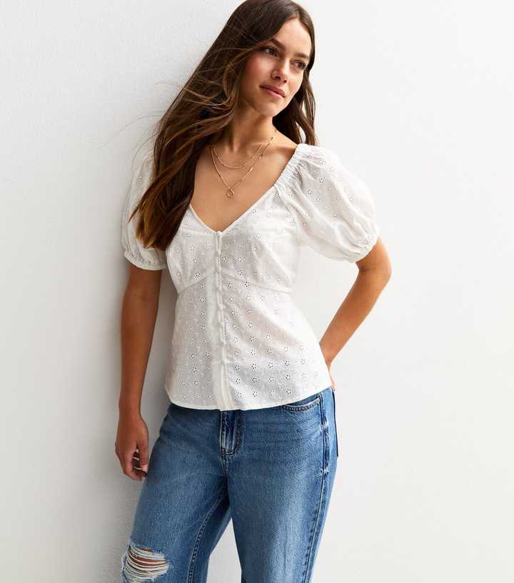 Petite White Cutwork V-Neck Top