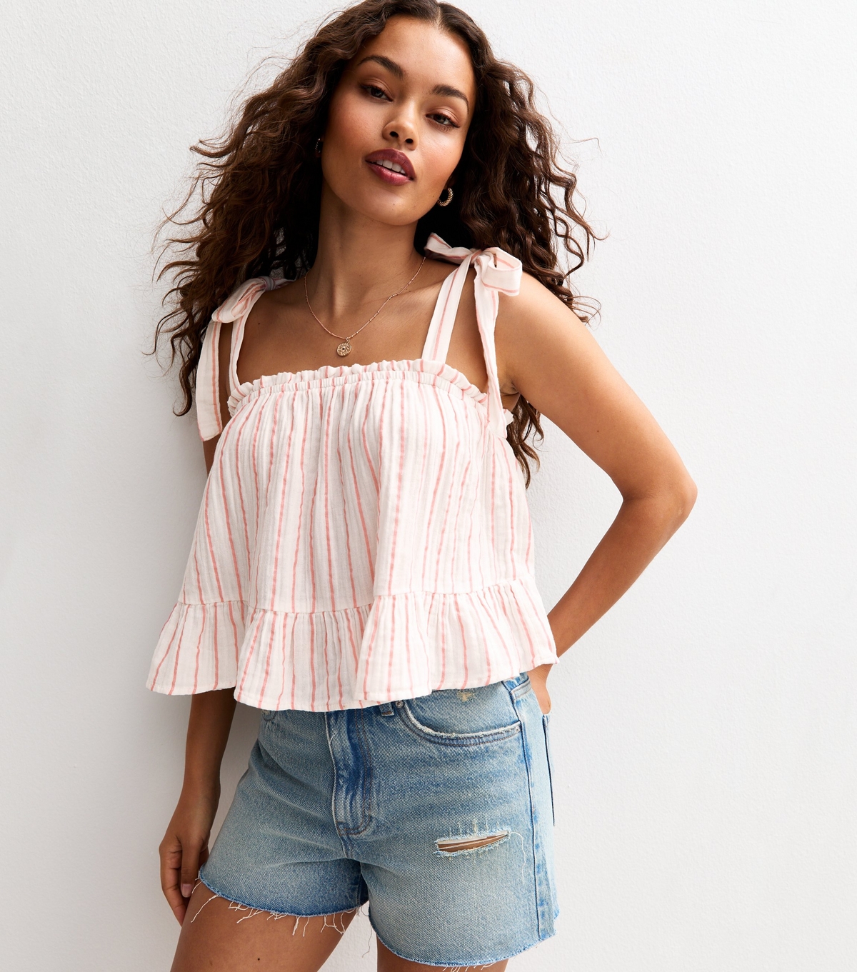 Women's Petite Pink Striped Cotton Tie Shoulder Cami Top New Look