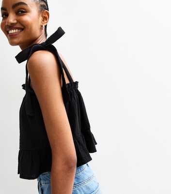 Tall Black Cotton Tie Shoulder Cami Top