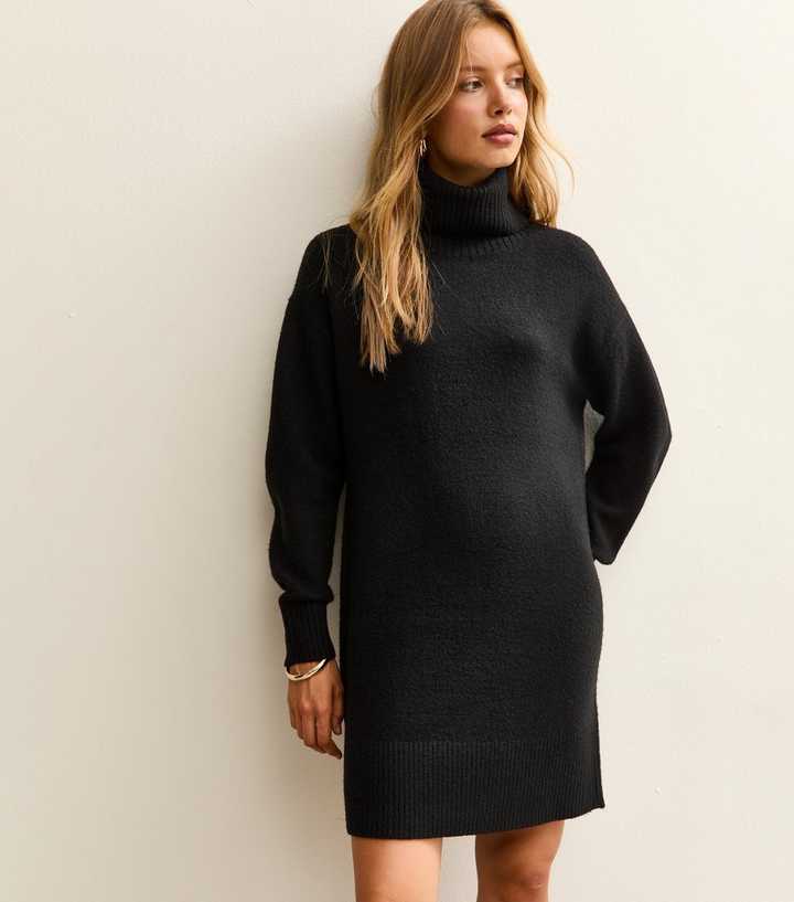 Black Midweight Knit Roll Neck Mini Dress