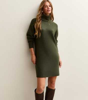 Khaki Midweight Knit Roll Neck Mini Dress