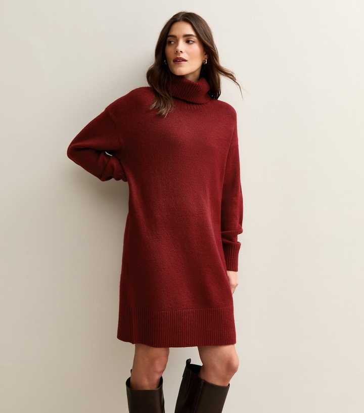 Dark Red Midweight Knit Roll Neck Mini Dress | New Look