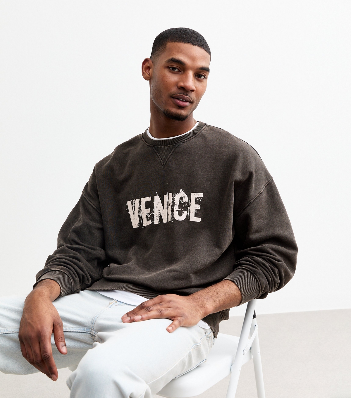 Men's Dark Grey Oversized Venice Print Sweatshirt New Look
