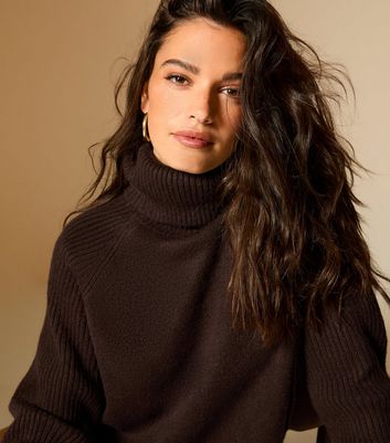 Dark Brown Rib Roll Neck Jumper