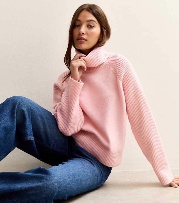 Bright Pink Rib Roll Neck Jumper