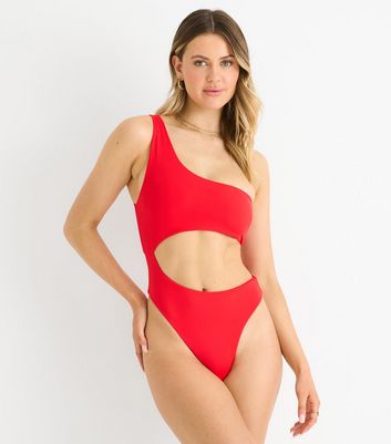 One Shoulder Swimsuit Red One Piece Cut Out Swimsuit Cherry One