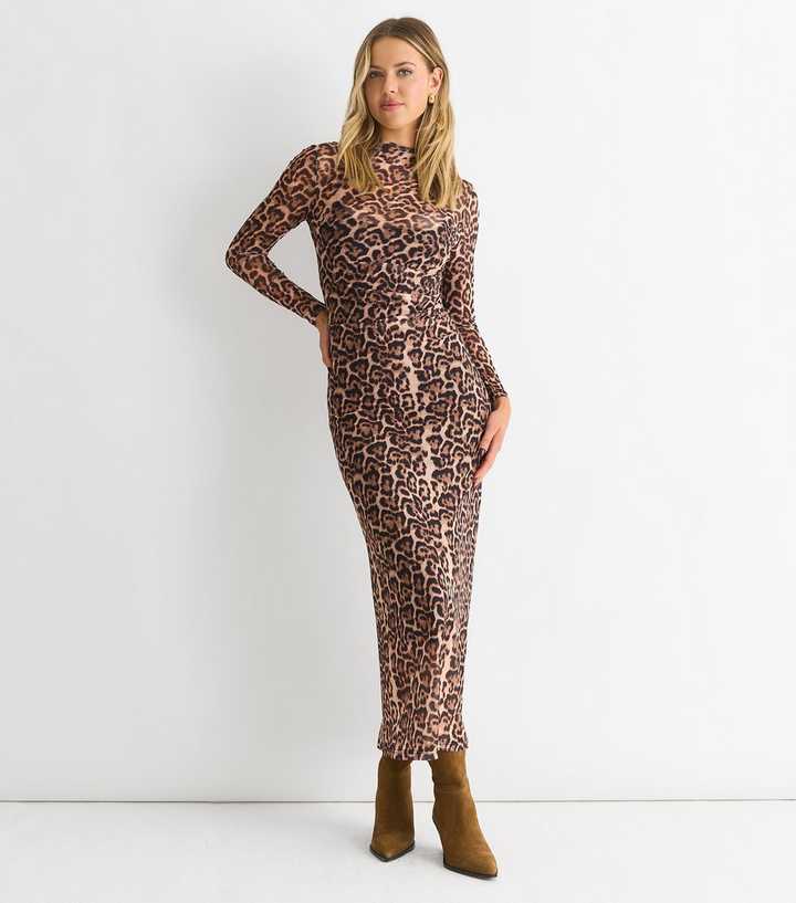 Gini London Light Brown Leopard Print  Mesh Midi Dress