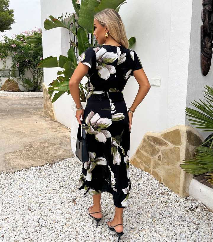 AX Paris Black Floral Print Midi Wrap Dress New Look