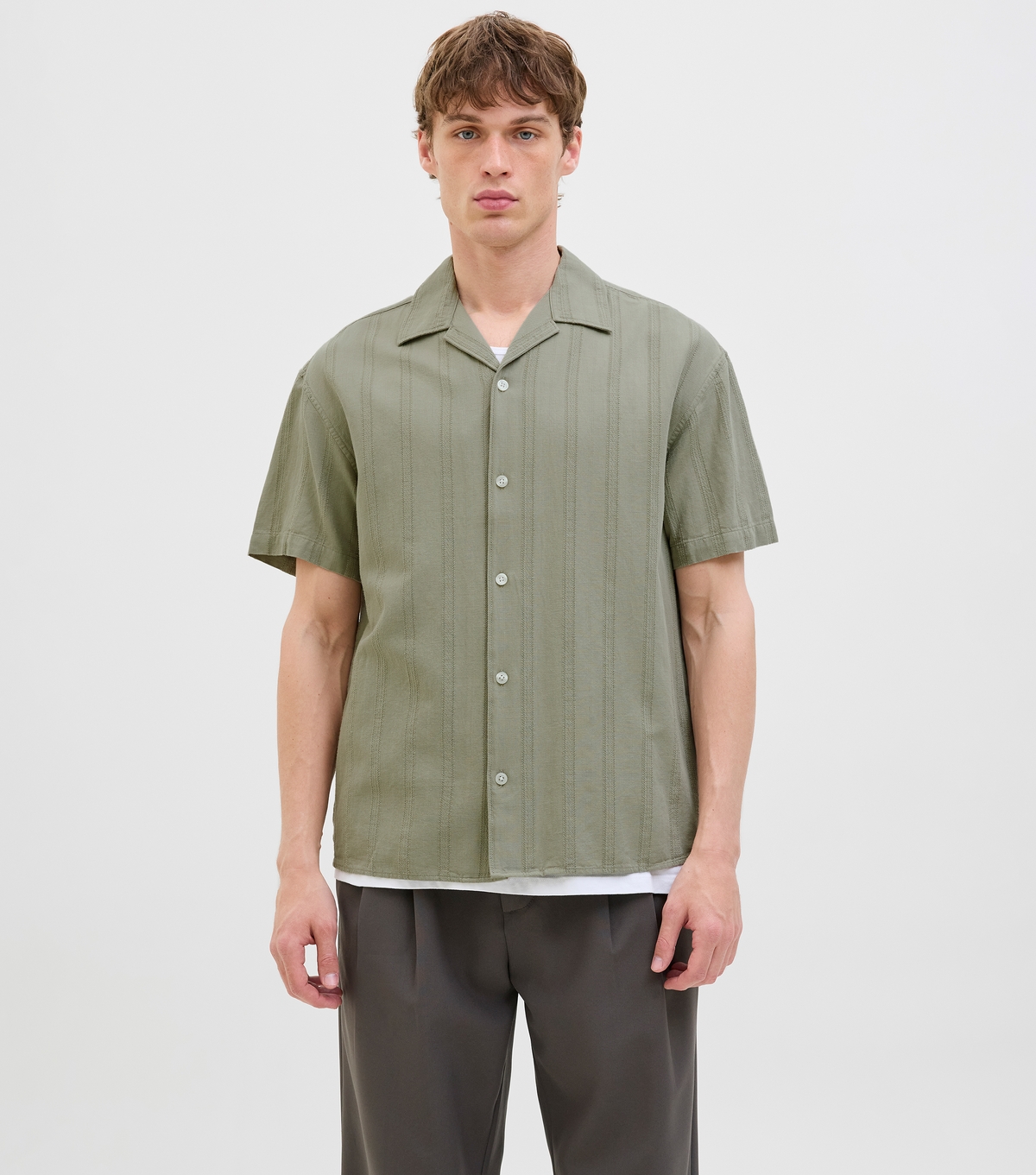 Men's Light Khaki Regular Striped Resort Short Sleeve Shirt Jack & Jones New Look