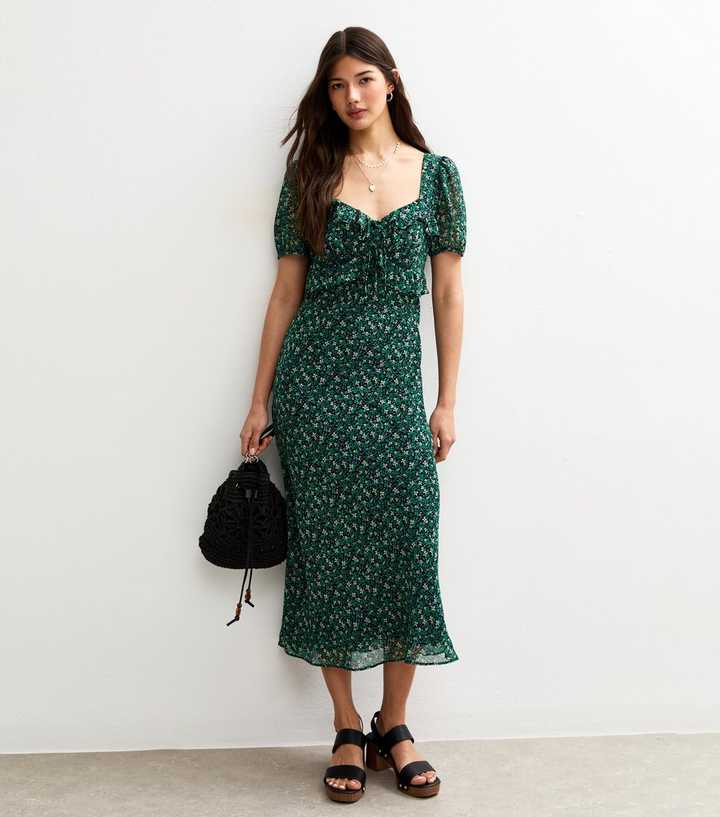 Green Floral Print Milkmaid Midi Dress