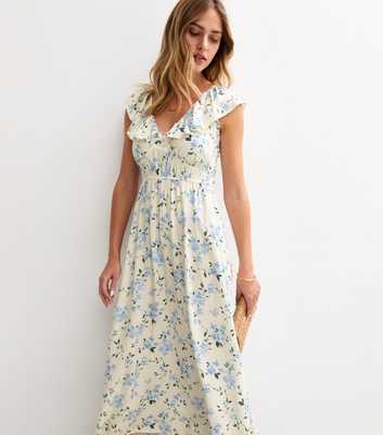 Cream Floral Print Frill Trim Midi Dress