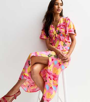 Pink Fruit Print Frill Trim Midi Dress