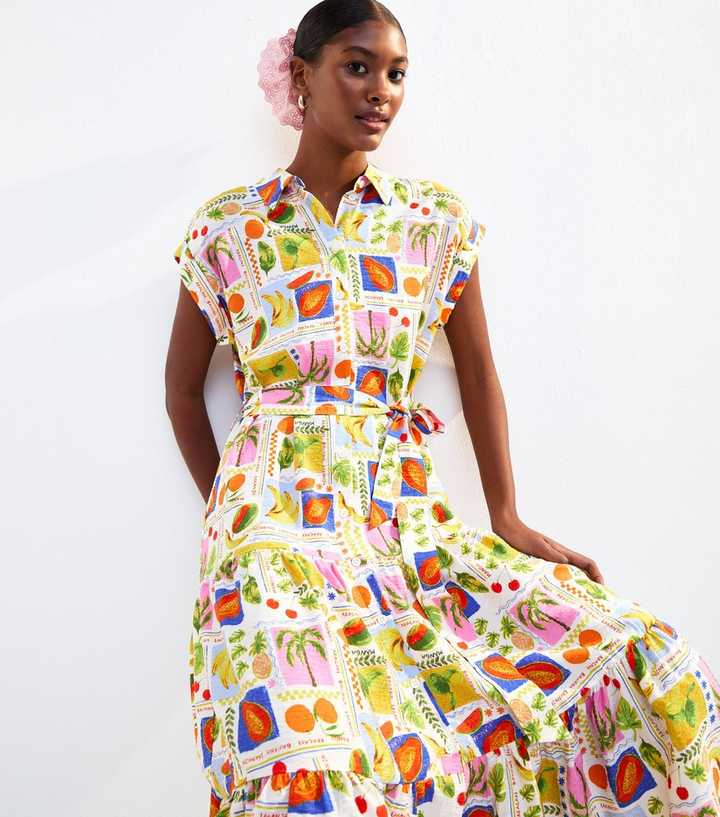 Cream Tropical Fruit Print Midi Shirt Dress