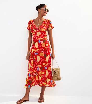 Red Tropical Print Ruffle Trim Chiffon Midi Dress