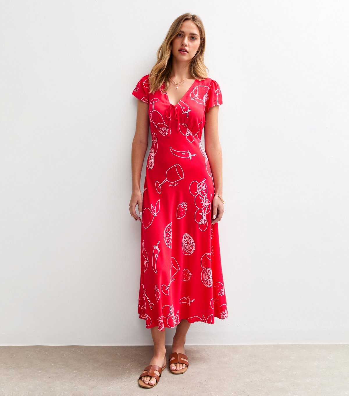 Women's Red Fruit Illustration Print Tie Front Midi Dress New Look