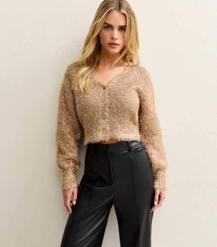 Petite Gold Fluffy Sparkle Cropped Cardigan